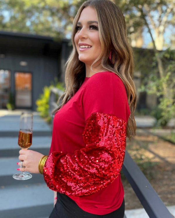 Plus Size Christmas Red Long Sequin Sleeve Holiday Top