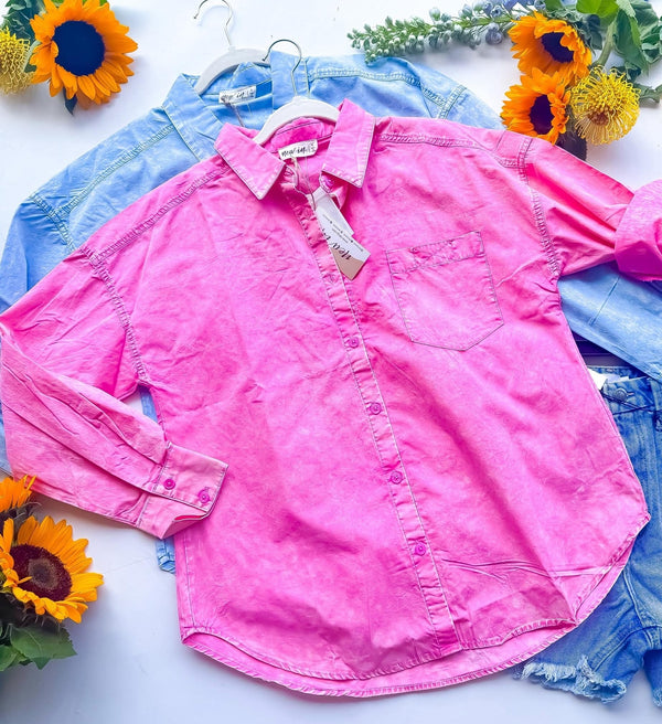 Pink or Blue Acid Wash Button Down Long Sleeve Collar Top