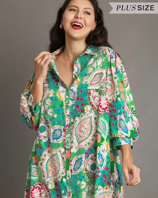 Green Pink Multicolor Paisley Floral Mix Print A-Line Swing Button Down 3/4 Sleeve Tunic Top Dress