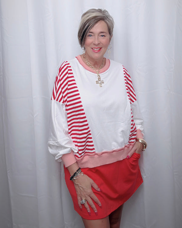 White with Red Stripe Long Sleeve Oversize Pullover Sweatshirt Top