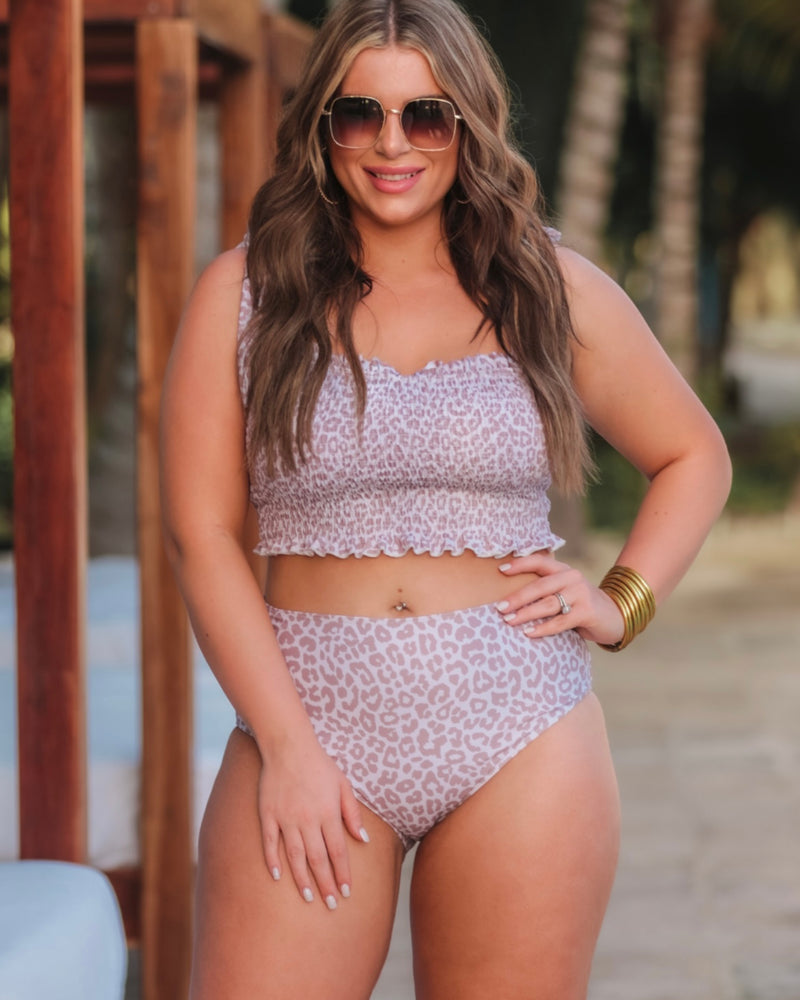 Tan Taupe 2 pc Leopard Ruched Swim Suit