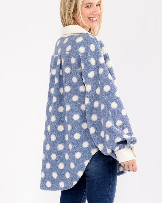Polka Dot Sherpa Button Front Long Sleeve Collared Shacket Jacket