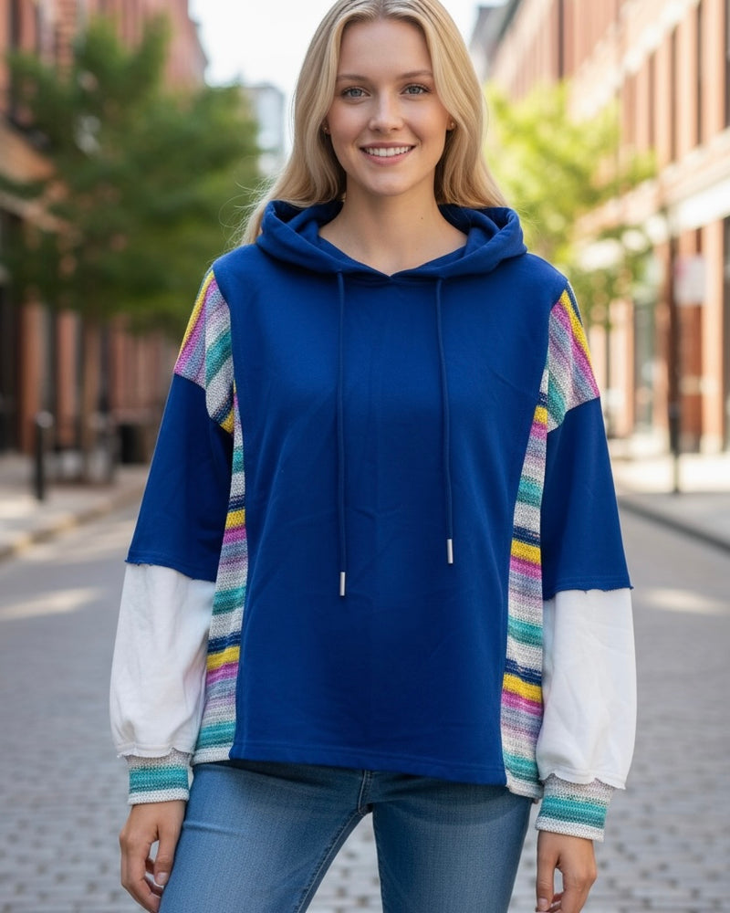 Blue, Cream, Terra Cotta or Navy Blue Color Block Stripe Contrast Long Sleeve Pullover Drawstring Hoodie Top