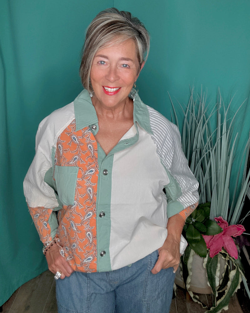 Cotton Boho Apricot Peach, Sage Green & Cream Mix Media Block Button Down 3/4 Wide Sleeve Collared Raglan Shoulder Fray Edge Oversize Top
