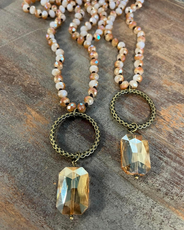 Neutral Sparkling Bead Long Necklace with Ring & Rectangle Crystal Pendant