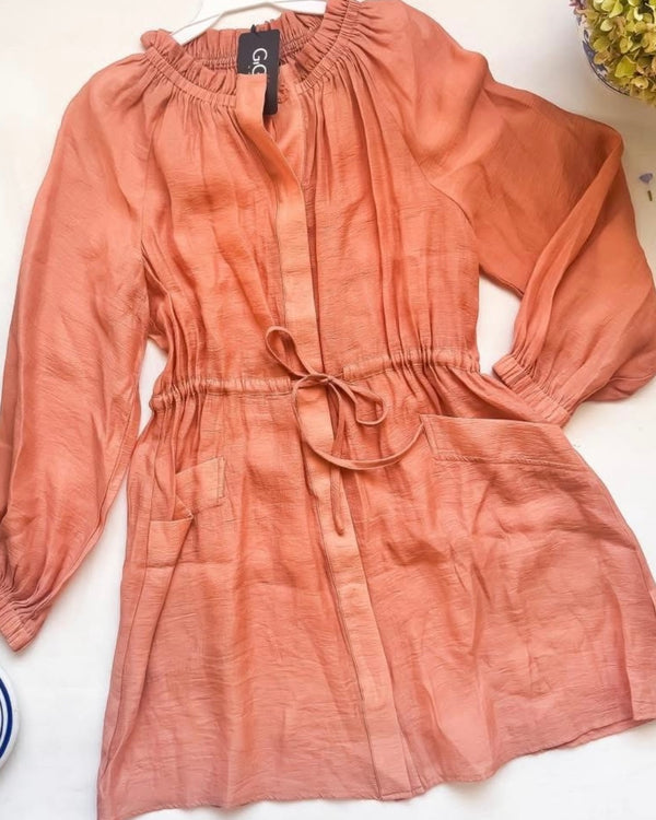 Solid Terra Cotta Drawstring Waist Long Sleeve Dress