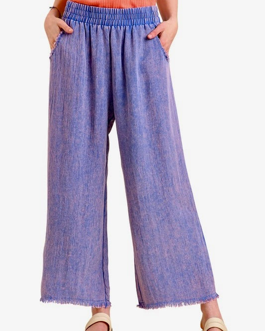 Mineral Wash Denim Blue Wide Leg Fray Hem Pants