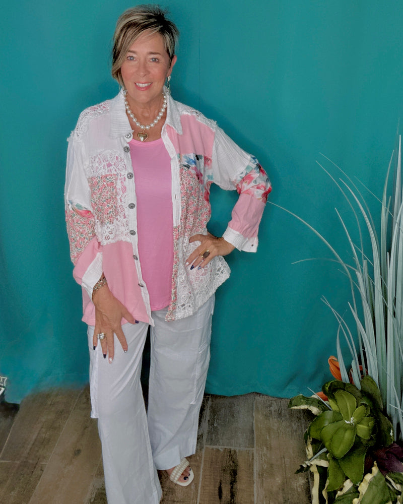Boho Mix Media Pink & White Floral & Crochet Balloon Long Sleeve Relaxed Shirt Jacket
