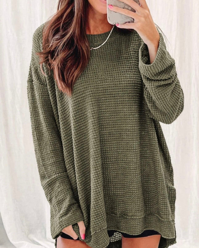 Casual Olive Green Waffle Knit Long Sleeve Tunic Top