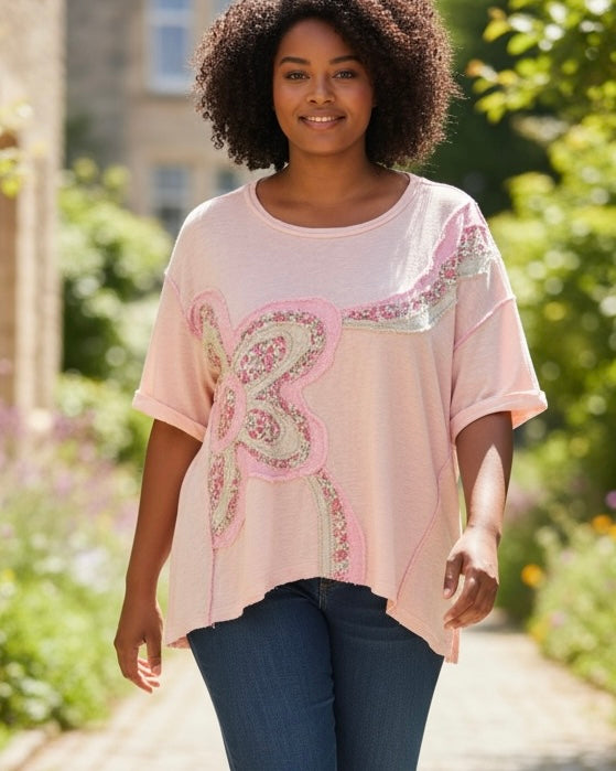 Boho Peach Pink Flower Patch Short Drop Shoulder Sleeve Top