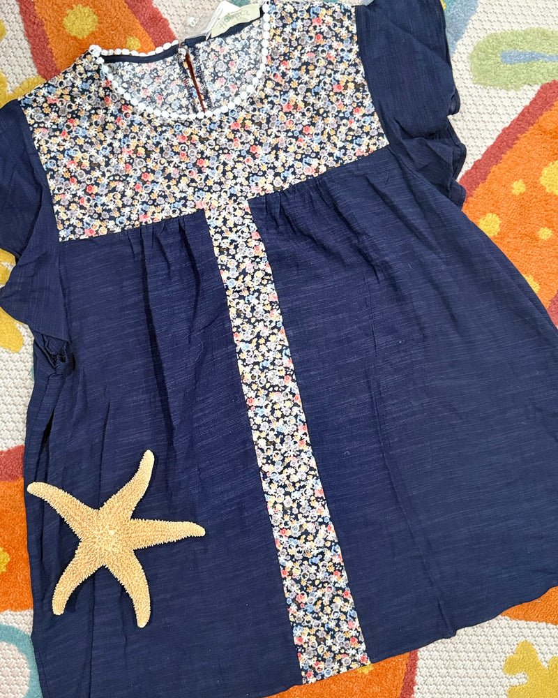 Plus Size Navy Blue Short Cap Sleeve Embroidery Floral Print Top