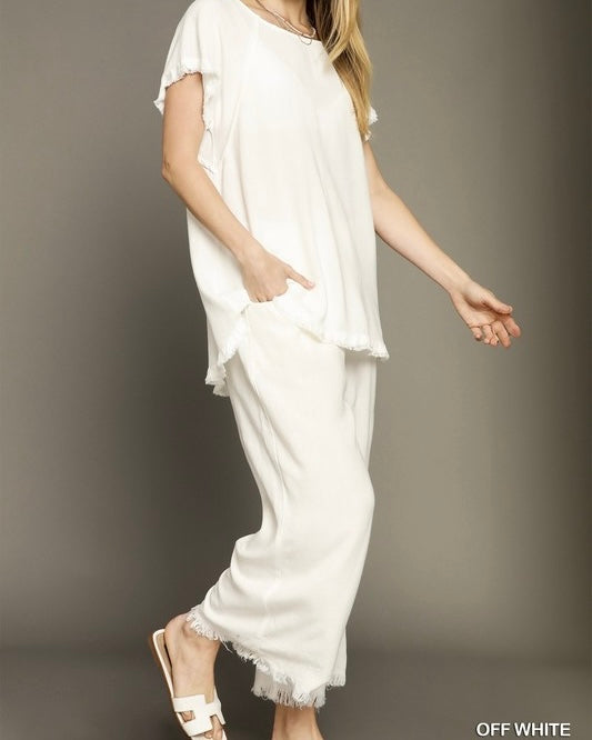 Lilac Pink, Olive Green or White Cotton & Linen Blend Frayed Edge Detail Wide Leg Pocket Pants