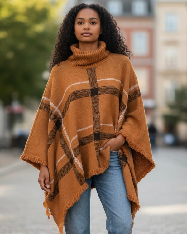 Pumpkin Spice Plaid Pullover Turtleneck Shawl Sweater