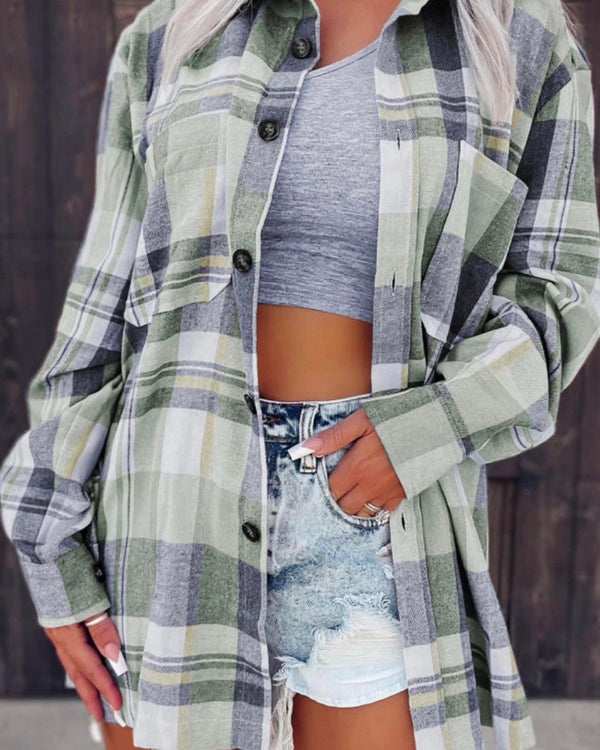 Green White & Navy Blue Plaid Button Down Long Sleeve Shirt