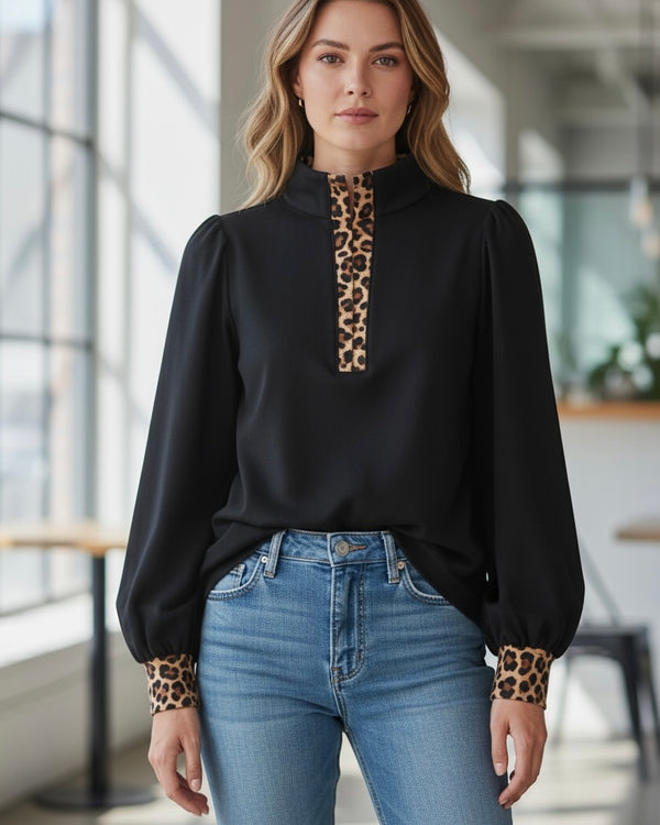 Solid Black Mock Button Neck Long Balloon Sleeve Leopard Accent Top