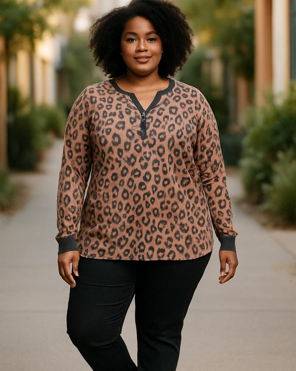 Plus Size Brown & Black Long Sleeve Button Neck Top