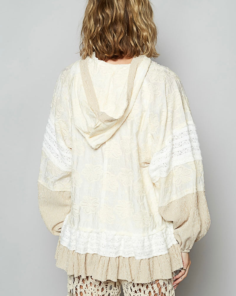 Cream & Khaki Embroidery Button Down Long Sleeve