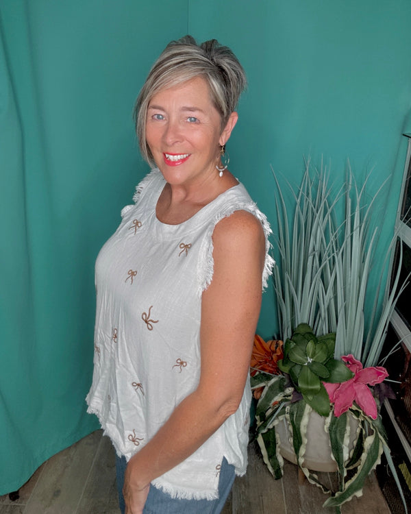 Khaki Cream or Rose Mauve Linen Blend Bow Ribbon Embroidery Sleeveless Fray Hem Tank Top