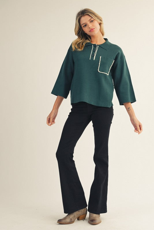 Emerald Green Pearl Accent Polo 3/4 Sleeve Sweater Top