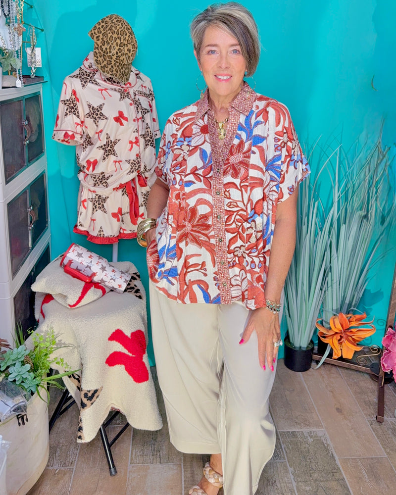 Mixed Contrasting Floral Print Brown or Crimson Button Down Short Sleeve Top
