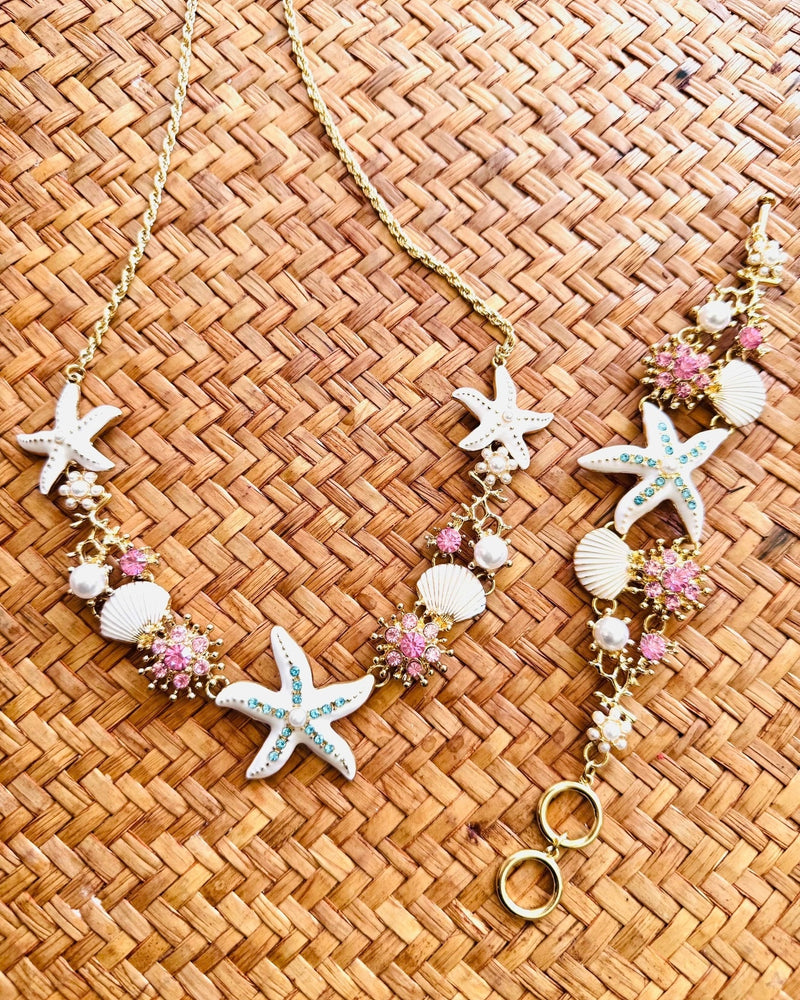 Beach Themed Rhinestone Starfish Faux Pearl Necklace and Bracelet Sets