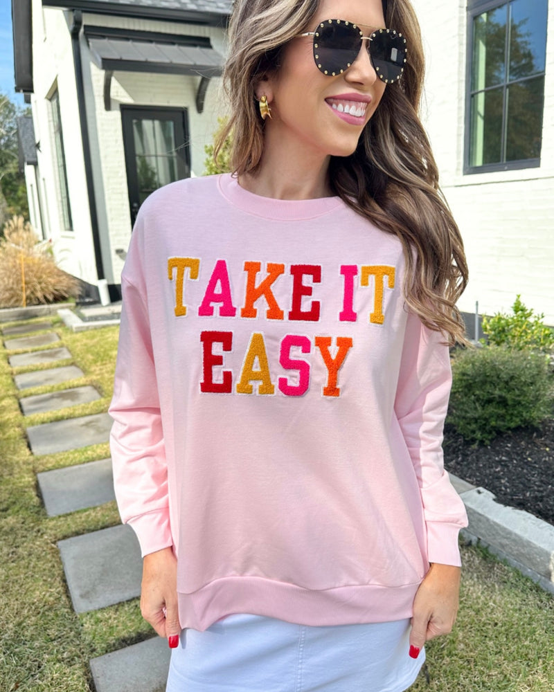Pink "Take It Easy" Chenille Patch Long Sleeve Sweatshirt
