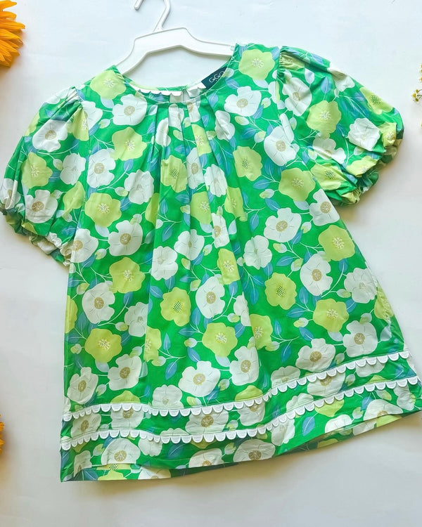 Green & White Floral Pleat Neck Short Puff Sleeve Top