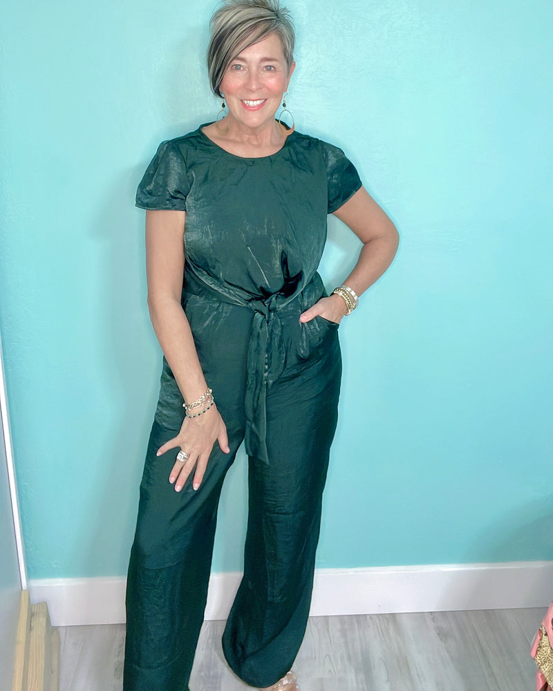 Emerald Green Shimmer Short Cap Sleeve Holiday Party Jumpsuit Pantsuit