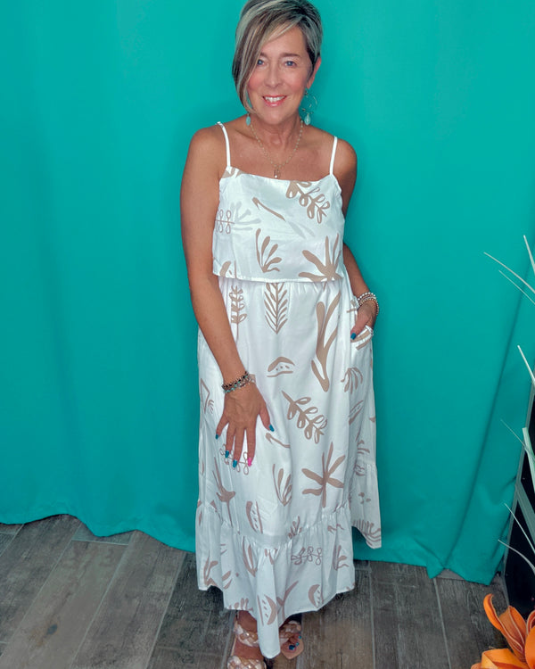 White & Khaki Abstract Print Spaghetti Strap Sleeveless Midi Tank Sundress