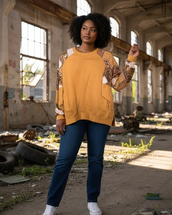 Boho Terra Cotta Patch Long Sleeve Sweatshirt Top