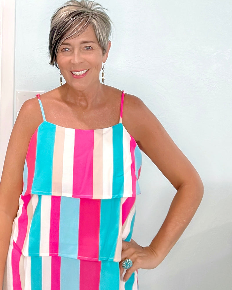 Bright Blue Pink Rainbow Multicolor Striped Layered Spaghetti Strap Tank Top