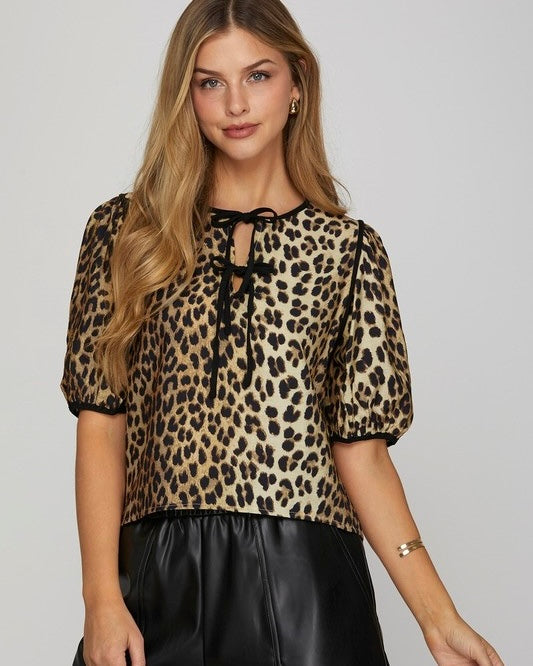 Black & Brown Leopard Tie Front Contrast Short Sleeve Animal Print Top