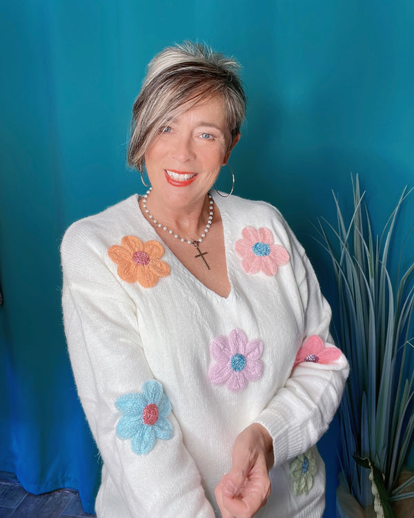 White VNeck Sweater with Multi Pastel Crochet Embroidery Flowers