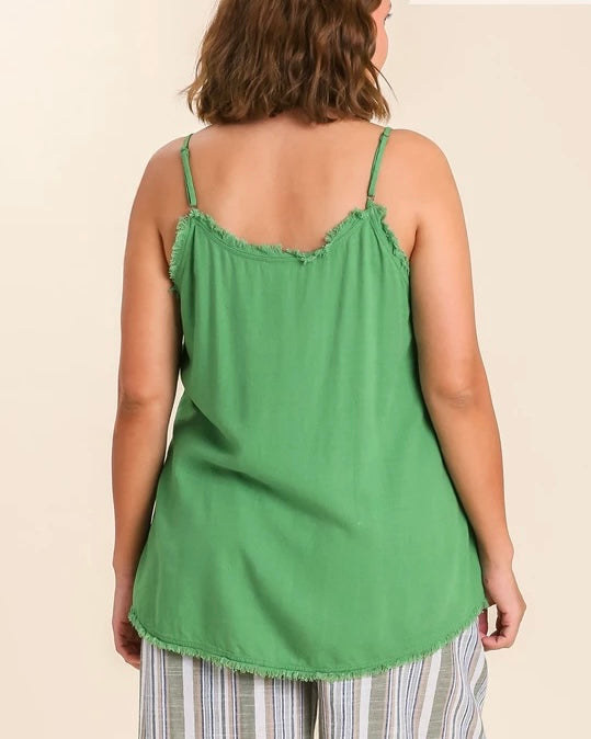 Linen Blend Green, Black, Coral, Blue, Pink Adjustable Strap Fray Edge Tank Top