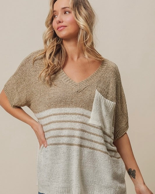 Khaki & White Color Block Short Sleeve Chest Pocket Knit Top