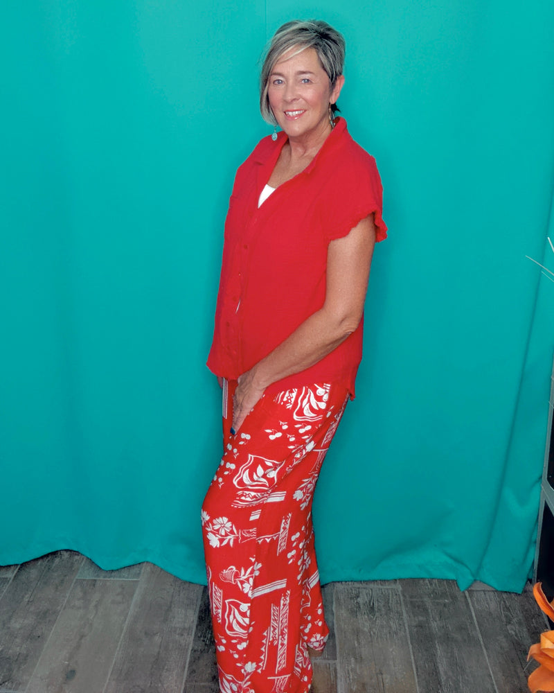 Red & White Tropical Cherry Wide Leg Elastic Waist Pant