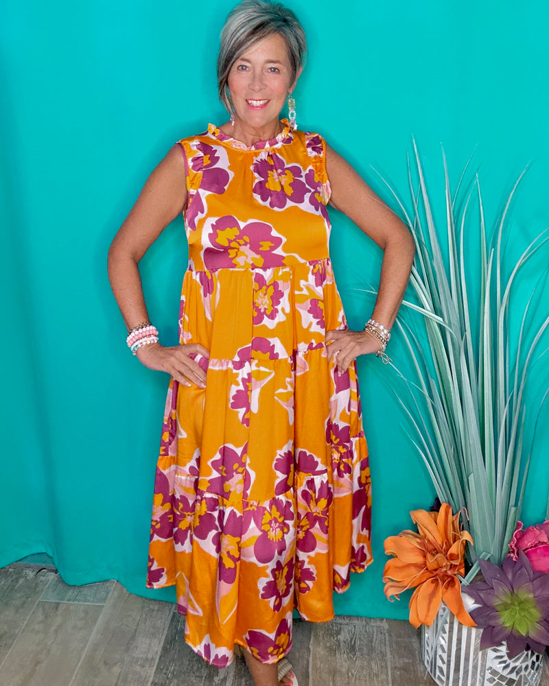 Orange & Purple Flower Print Cap Sleeve Ruffle Neck Midi Dress