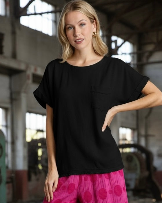 Plus Size Black Linen Blend Round Neck Frayed Edge Short Cap Sleeve Top