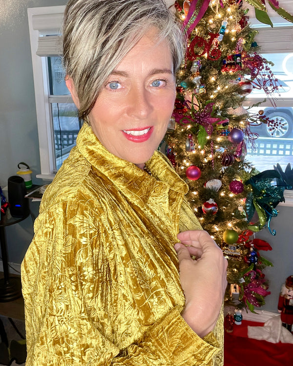 Blue or Gold Velvet Textured Embossed Button Down Long Sleeve Holiday Party Blouse