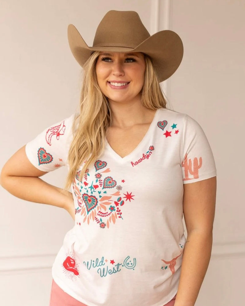 White Wild West T-Shirt Top with Western Cowgirl Flare Hearts