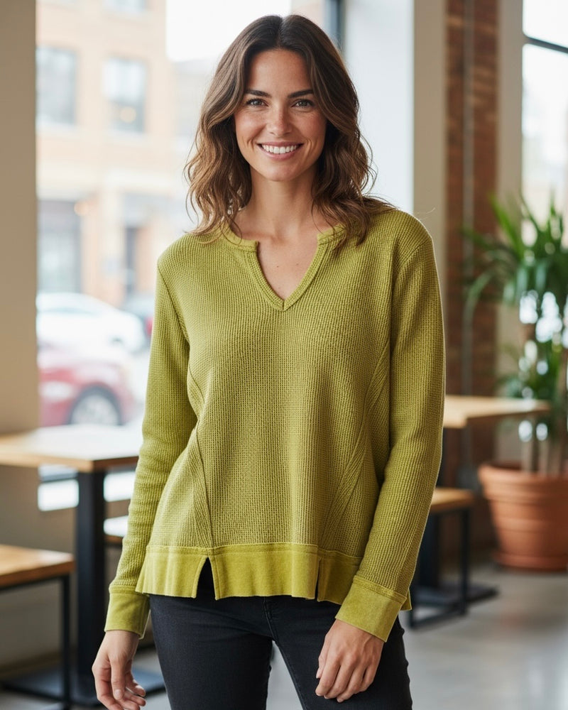 Green, Black & Pink Waffle Textured VNeck Close Sleeve Pullover Top