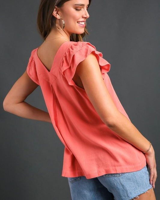 Blue or Coral Sleeveless Ruffle VNeck Pleated Top