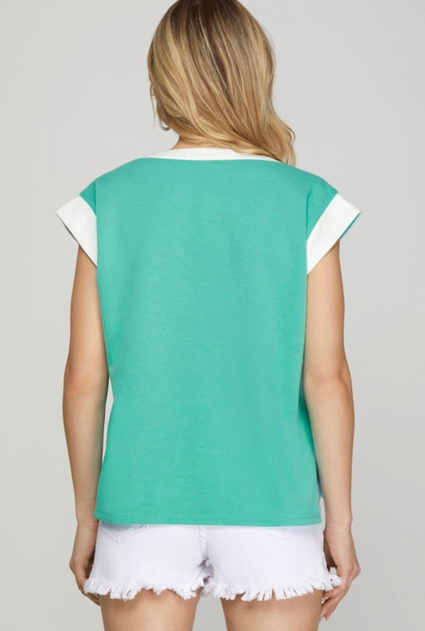 Solid Jade Turquoise or Lilac Purple w/White Trim Color Block Split Neck Short Sleeve Top