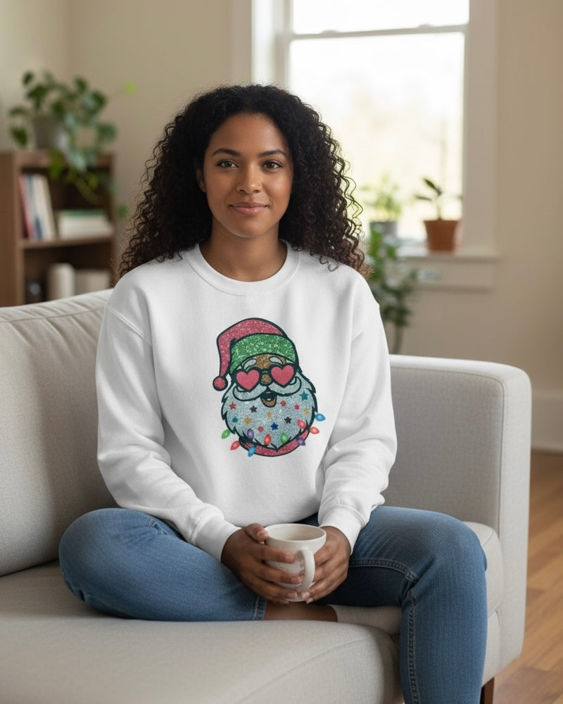 White Sweatshirt with Holiday Light Santa Christmas Sweatshirt