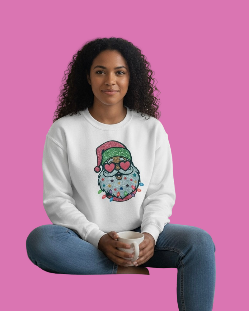 White Sweatshirt with Holiday Light Santa Christmas Sweatshirt