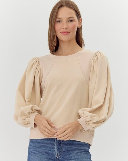 Solid Cream Mix Long Sleeve Out-Line Stitch Shoulder Sweatshirt Top