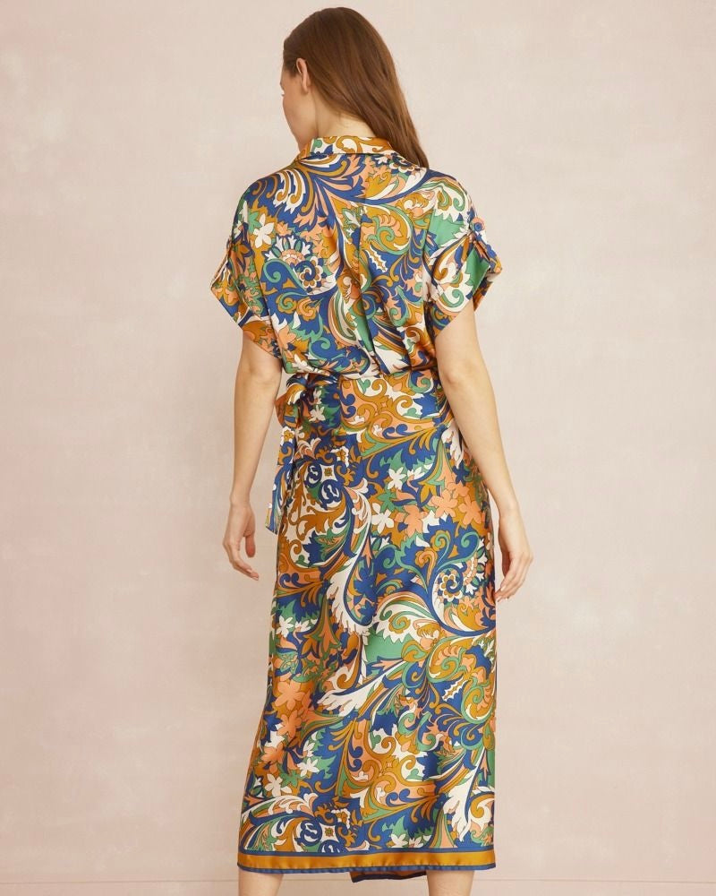 Gold & Blue Floral Paisley Wrap Short Sleeve Midi Dress