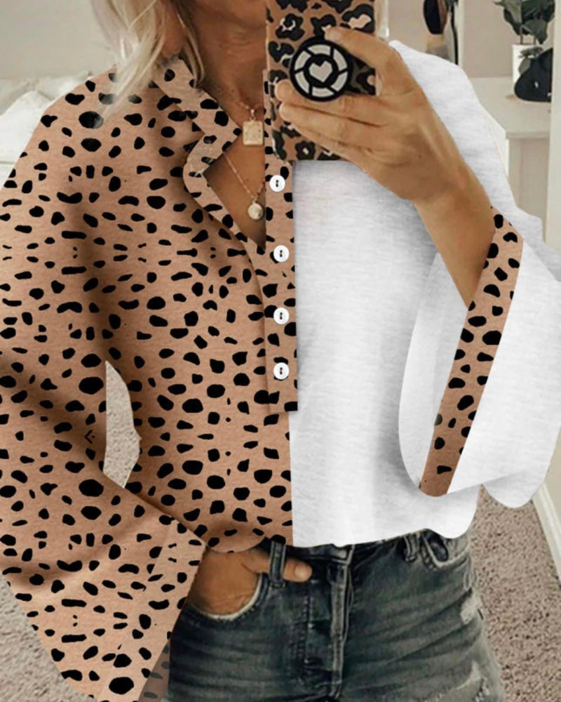 White & Brown Leopard Block Button Down Flare Sleeve Blouse