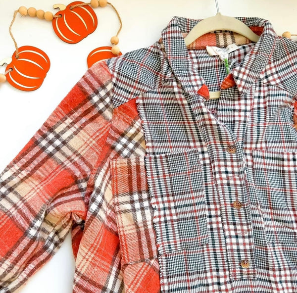 Plus Size Mix Media Brown & Rust Plaid Frayed Edge Button Neck Chest Pocket Flannel Shirt