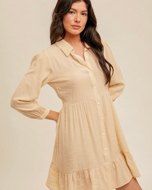 Khaki White Stripe Tie Waist Button Down 3/4 Sleeve Collared Dress